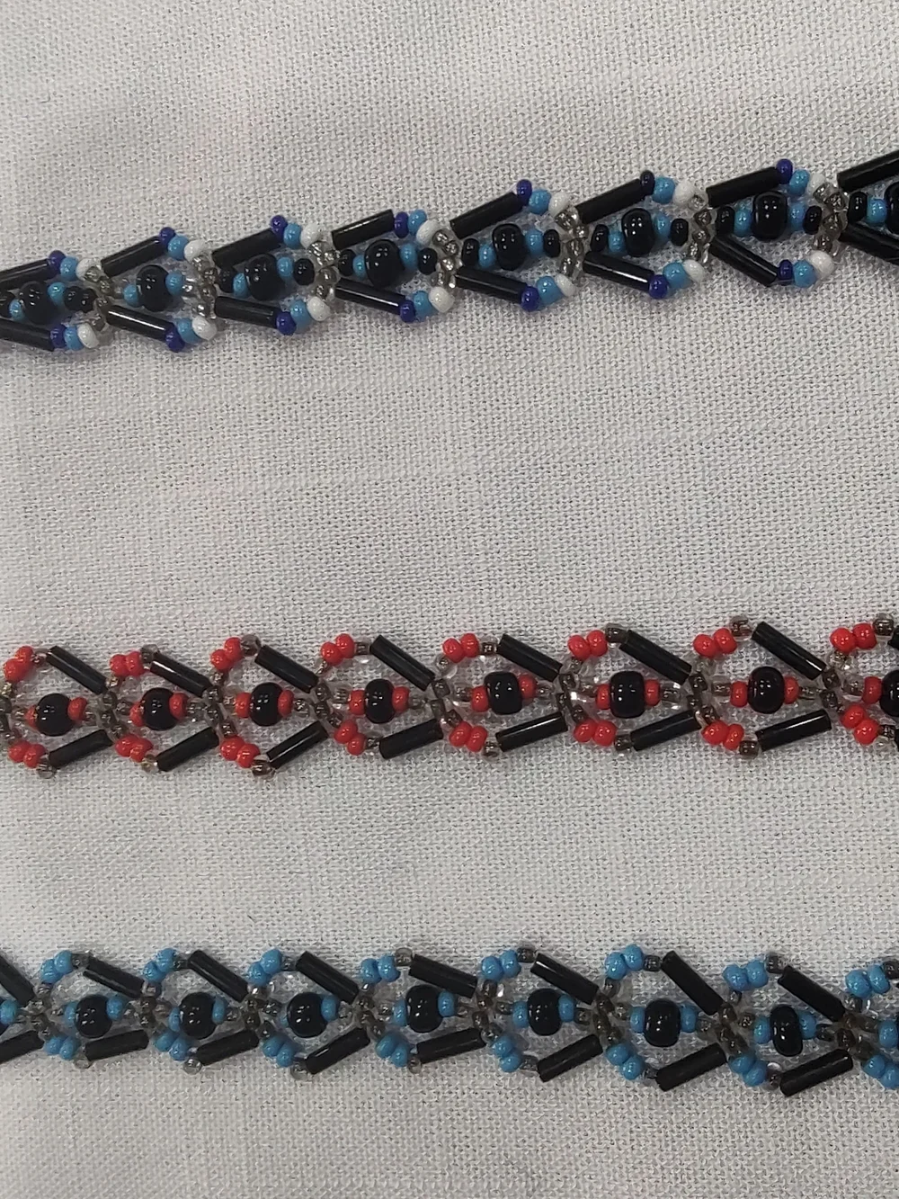 Handmade Beaded Bracelets - Black Cord with Blue and Red Beads - Set Of 3